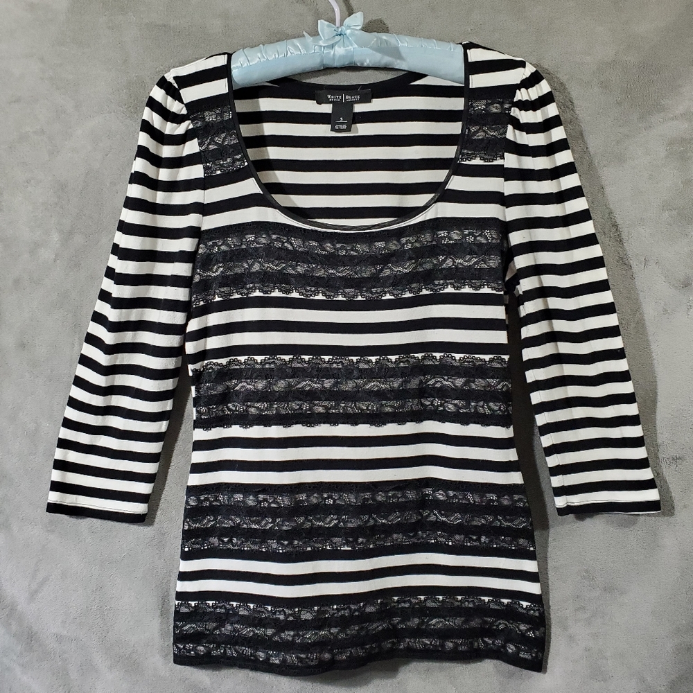 White House Black Market 3/4 Sleeve Top Black & White Striped Size S